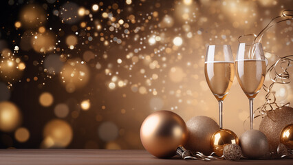Festive Champagne Glasses and Glittering Christmas Gold Baubles Holiday Background