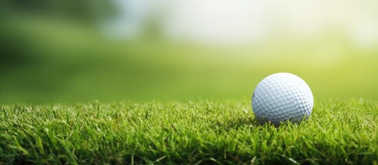 The golf ball is prepared for striking positioned on the vibrant green turf - obrazy, fototapety, plakaty