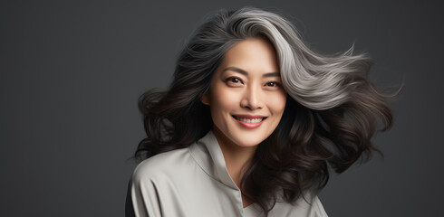 Smiling Middle-Aged Asian Woman with Flowing Gray Hair in Studio Portrait