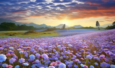 early morning, the sun rises from the sky, emitting dazzling light, flat and vast grassland, densely blooming with gorgeous Gesang flowers, from far to near, boundless, like a sea of flowers, flowers 