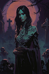 "Enchantress of the Midnight Graveyard", Dark Medieval Fantasy, Old School  RPG Illustration
