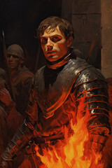 Fototapeta na wymiar Male Inquisitor Amidst Fiery Trial , Dark Medieval Fantasy,Old School RPG Illustration