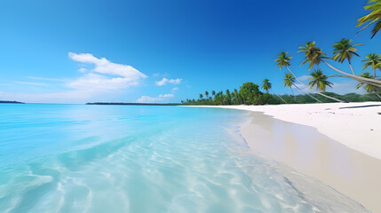 Fototapeta premium Pristine white sand beach lapped by crystal-clear turquoise waters, inviting visitors to indulge in pure relaxation. Ai Generated.NO.03