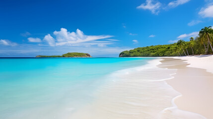 Fototapeta premium Pristine white sand beach lapped by crystal-clear turquoise waters, inviting visitors to indulge in pure relaxation. Ai Generated.NO.02