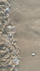 Sandy beach and white coral pebbles among the foam of the waves