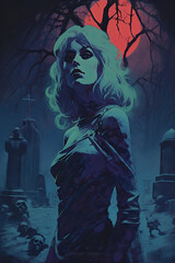 Vengeful Banshee in Moonlit Graveyard
 , Dark Medieval Fantasy,Old School  RPG Illustration