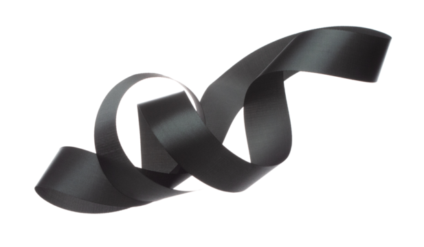 Black ribbon long straight fly in air with curve roll shiny. Black ribbon for present gift birthday party to wrap around decorate and make of textile cloth long straight. White background isolated