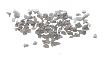Rock gravel fly explosion fall, gray stone pebbles rock explode abstract cloud fly. Construction rock stone splash in air, object design. White background isolated freeze shot, selective focus blur