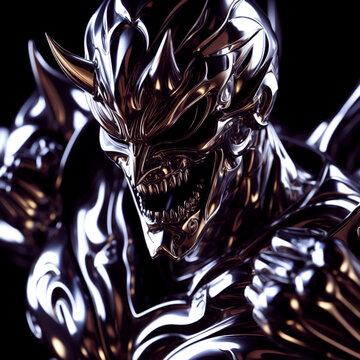 A silver shiny platinum and Akuma mask demon slayer with blank black background