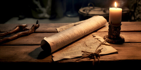 An old scroll laying on a table by candlelight. - obrazy, fototapety, plakaty