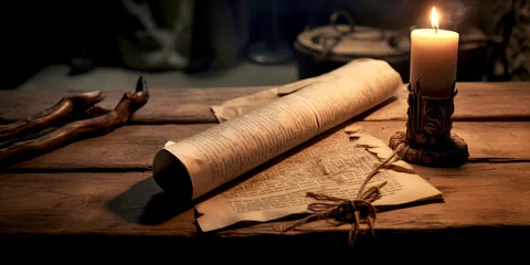 Foto op Plexiglas An old scroll laying on a table by candlelight. © Chad