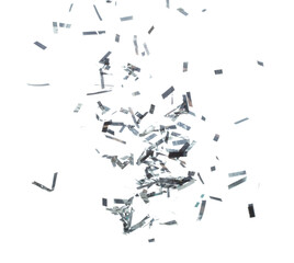 Silver Confetti Foil fall splashing in air. Silver Confetti Foil explosion flying, abstract cloud fly. Many Party glitter scatter in many group. White background isolated high speed shutter freeze