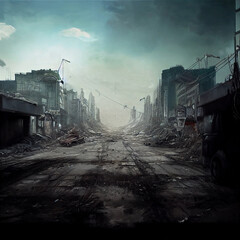 Apocalyptic city 3D illustration, streets in desctruction and ruins after war, urban landscape after disaster background