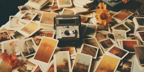 A collage of vintage polaroid photos spread out on a table with a vintage camera. - Powered by Adobe