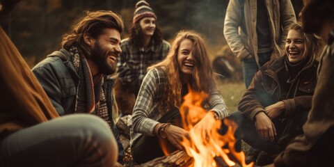 People laughing together at a camp bonfire.