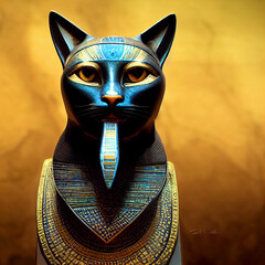 Egyptian cat 3d illustration, pharaoh cat mummy sarcophagus, realistic ancient egypt art culture 3d visualization, old sphinx statue symbol