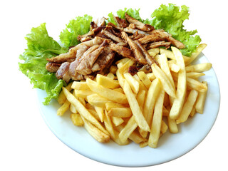 Portion pork loin chopped into strips with french fries, decorated with lettuce. Brazilian food.