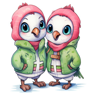 Watercolor Cute Baby Parrot Couple Clipart Illustration