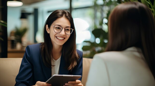 Smiling young female financial advisor holding digital tablet consults with client. generative AI