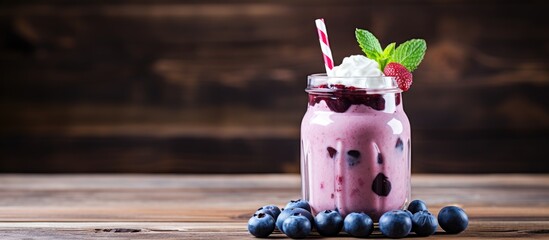 In the morning episode enjoy a delicious and healthy beverage made with a mix of blueberries and bananas served in a glass on a wooden background The taste of this yummy juice is sure to ple - Powered by Adobe