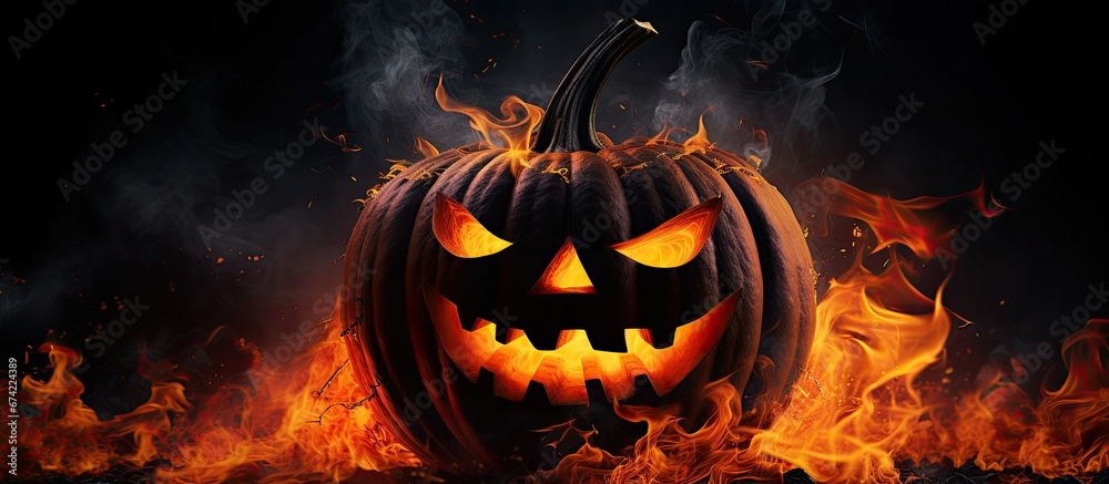 Poster A jack o lantern on a dark backdrop shooting out fiery flames