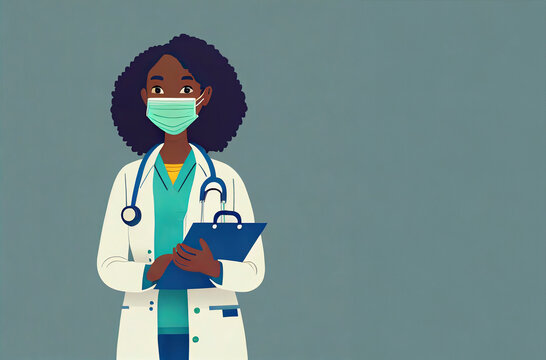 Ilustração minimalista de uma médica usando máscara segurando uma prancheta, espa&ccedil;o para c&oacute;pia