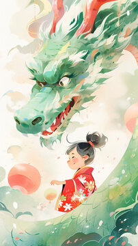 Concept illustration of kids and Chinese dragon, 2024 Year of the Dragon Spring Festival New Year reunion illustration