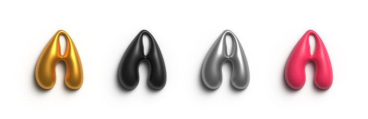 Set of volumetric letters for poster, header, wallpaper, screensaver. Gold, silver, metal, pewter, black plastic English handdrawn 3D letter A. Modern typography. Design element. Decorative bold font