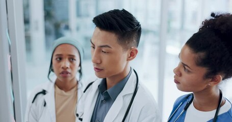 Doctors, planning or diversity meeting on hospital calendar, sticky notes strategy or glass wall innovation. Healthcare, people or talking worker nurse and medical vision or surgery teamwork schedule
