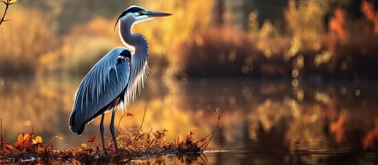 In the late afternoon a majestic heron of a stunning blue hue stands confidently alongside a petite pond