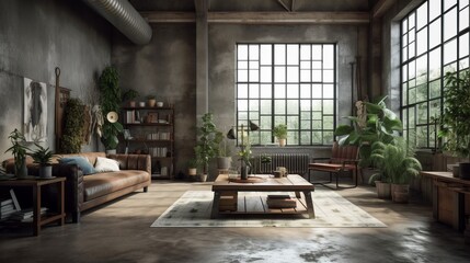 Fototapeta na wymiar Living room interior in loft, industrial style with plants, 3d render. Decor concept. Real estate concept. Art concept.