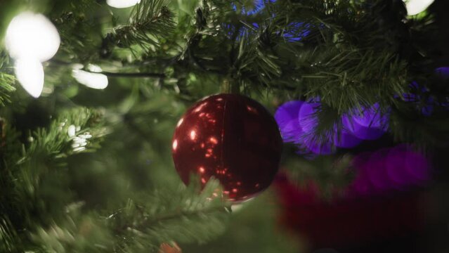 Close up of a red ball hanging on a Christmas tree under the snowfall. Slow motion. 