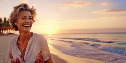 Attractive laughing beautiful caucasian senior mature woman posing at the beach looking away
