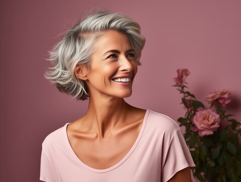 A beautiful mature woman who is happy with a big smile. Generative AI. 
