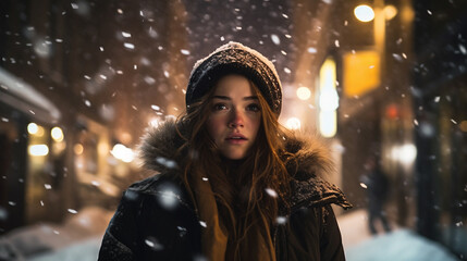 An editorial photo of a woman in her 20s, standing in the snow