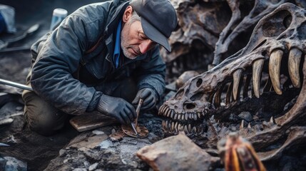 Naklejka premium Archaeologist excavates dinosaur remains