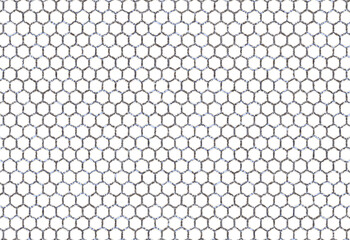 Image with hexagonal white background. Cell border with gray scale rounded wide wire frames on pattern of white and blue hexagons on parallel lines of scanner. White cell interior with fine line. - obrazy, fototapety, plakaty