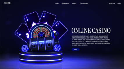 A web banner with neon bright glowing poker cards, casino roulette, slot machines and dice on a 3D podium on a blue background with text.