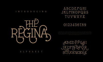 Theregina premium luxury elegant alphabet letters and numbers. Elegant wedding typography classic serif font decorative vintage retro. Creative vector illustration