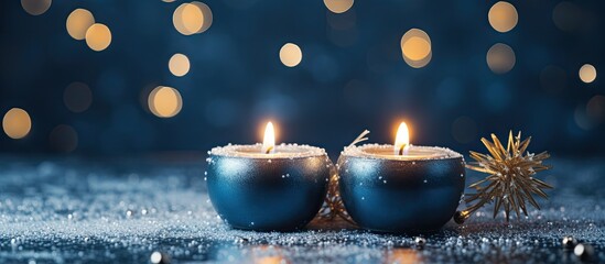 The Christmas candles and glistening snow on a blue background are part of a winter celebration and...