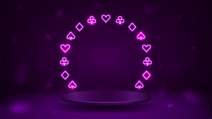 3d podium with neon frame of poker card suits in purple on a dark background.
