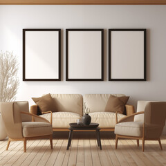 Mockup black 3 wooden frames on wooden floor in living room with furniture