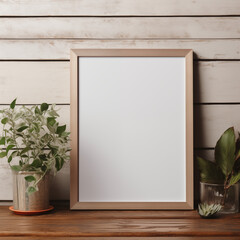 Mockup wooden frame on wooden floor in living room with Vase and branches