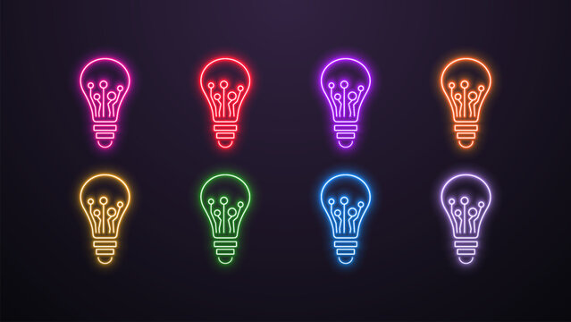 A set of neon light bulb icons with neural networks in different colors on a dark background. Logo for AI artificial intelligence. © Dmytro