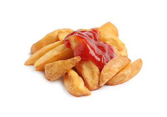 Delicious baked potato wedges with ketchup on white background