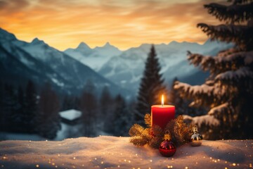Christmas candle. Merry Christmas and Happy New Year concept. Background with copy space - obrazy, fototapety, plakaty