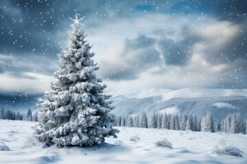 Fototapeta na wymiar Snow-covered Christmas tree in the forest. Merry Christmas and Happy New Year concept. Background with copy space