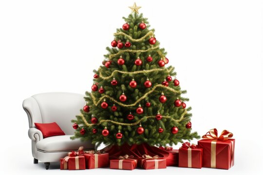 Christmas tree on a white backdrop. Merry Christmas and Happy New Year concept. Background with copy space