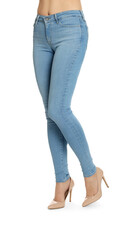 Woman wearing stylish light blue jeans and high heels shoes on white background, closeup