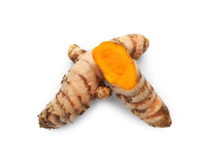 Fresh whole and cut turmeric roots isolated on white, top view